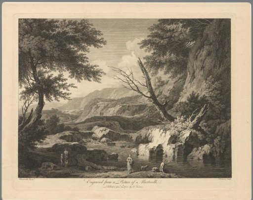 Hilly landscape with figures by a river