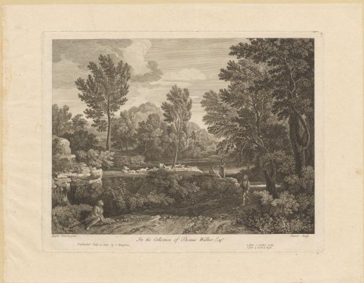 Forest landscape with shepherds by a lake