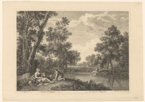 Resting and fishing figures in a landscape