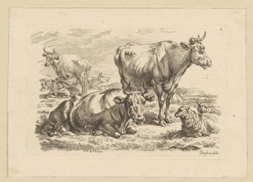 Standing and lying cattle and a cow being milked
