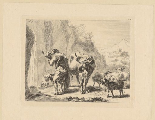 Shepherd drinking from his hat at a spring