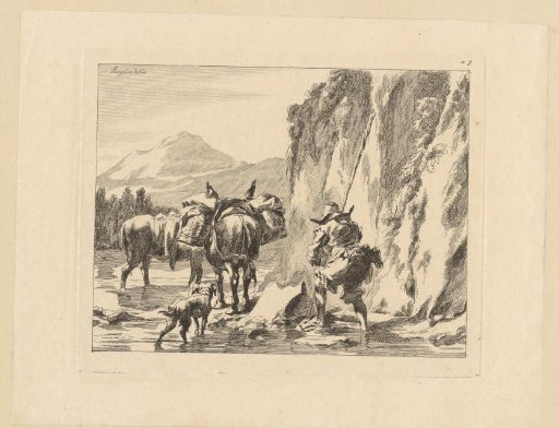 Two donkeys, a dog and a shepherd wading along a rock wall