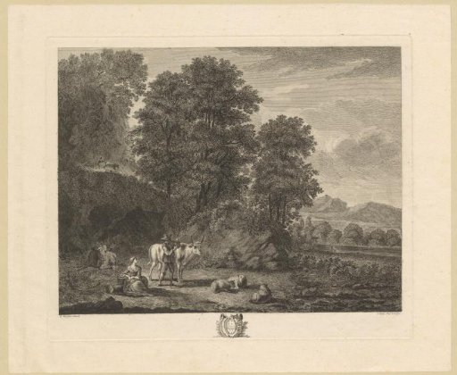 Landscape by a river with shepherd, shepherdess, two cows and three sheep