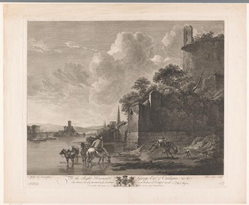 Horses and donkeys on the bank of a river near a city