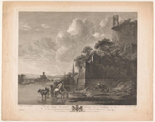 Horses and donkeys on the bank of a river near a city