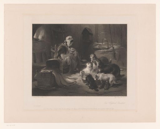 Woman with child at breast and five dogs around a drinking trough