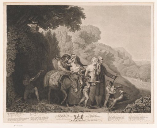 Two families and a donkey walking on a path