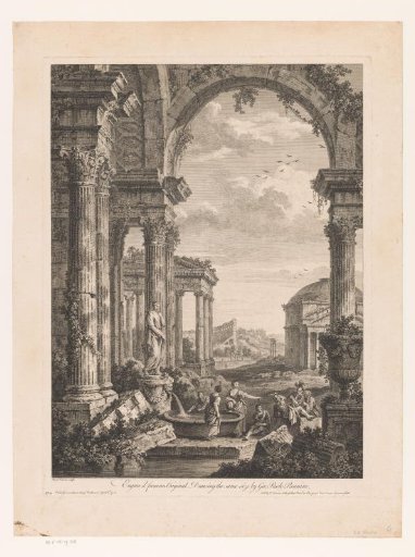 Soldiers and women at a fountain in a landscape with ruins