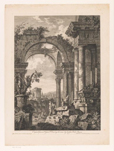 Soldier with a standard and young women amidst antique ruins