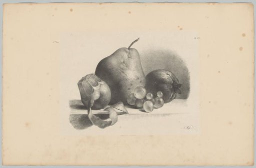 Pear, peach, grapes and peeled lemon