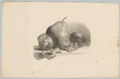 Pear, peach, grapes and peeled lemon