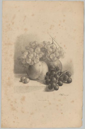 White and blue grapes, berries, peach and orange