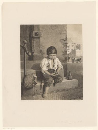 Boy Sitting on Steps in Front of a Door