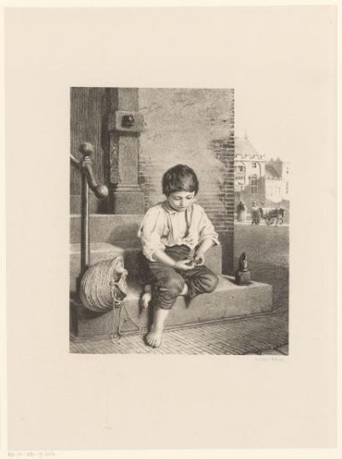 Boy Sitting on Steps in Front of a Door