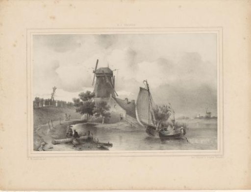 View of a river with sailing boat and mill