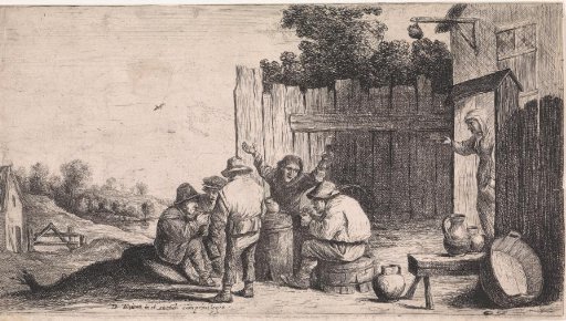 Five peasants around a barrel