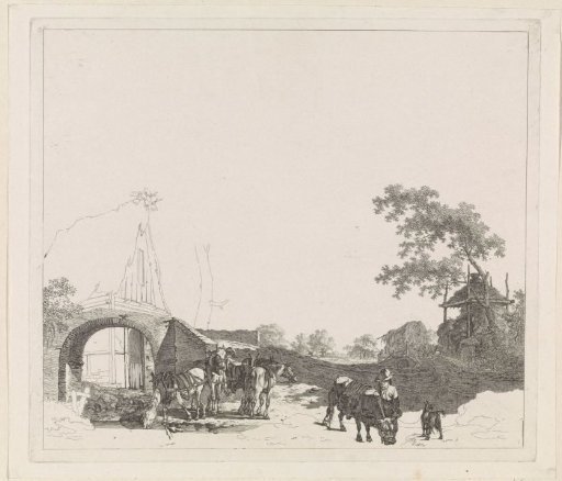 Peasants with horses and other livestock by a stream