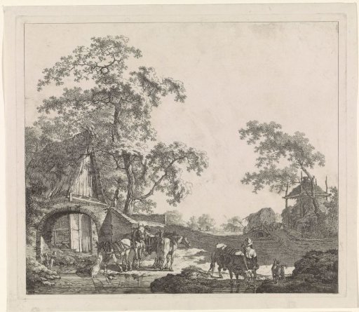 Peasants with horses and other livestock by a stream