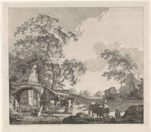 Peasants with horses and other livestock by a stream