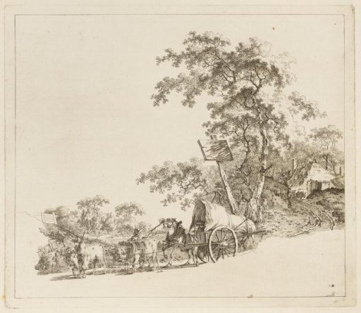 Landscape with yoked cattle and a horse drawing a cart