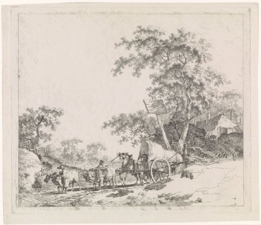 Landscape with yoked cattle and a horse drawing a cart