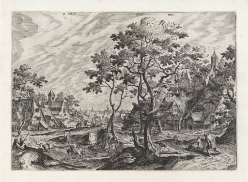 Village view with travelling figures