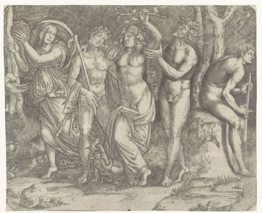 Bacchus and bacchantes and a maenad with a tambourine
