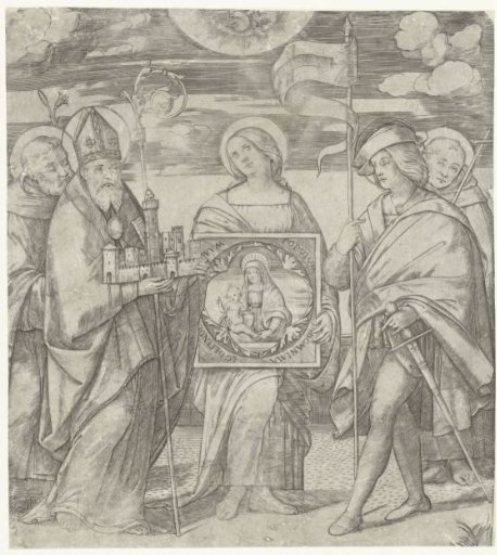 Five patron saints of Bologna with an image of Mary