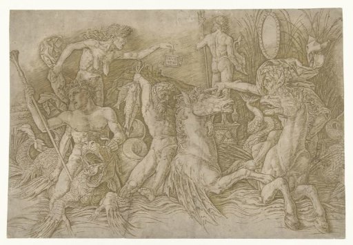 Fight between Satyrs riding on Hippocamps and an Old Woman as Personification of Envy standing on the Back of a Dragon