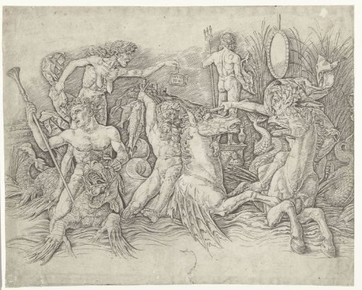 Fight between Satyrs riding on Hippocamps and an Old Woman as Personification of Envy standing on the Back of a Dragon