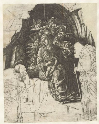 Mary with Child Surrounded by Angels in a Grotto with Joseph and a King in Adoration