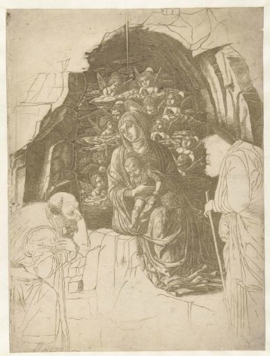 Mary with Child Surrounded by Angels in a Grotto with Joseph and a King in Adoration