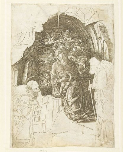 Mary with Child Surrounded by Angels in a Grotto with Joseph and a King in Adoration