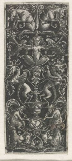 Ornament with candelabrum surmounted by goats above a winged woman with a cornucopia and fabulous beasts and satyrs