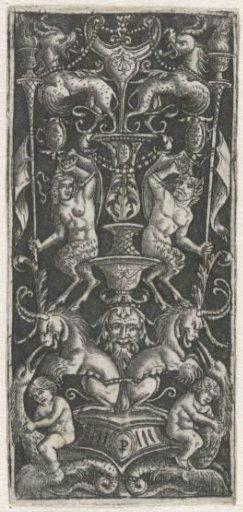 Ornament with candelabrum featuring male and female satyrs seated above a base with two horned lion-like creatures and two putti on mythical beasts with bird heads