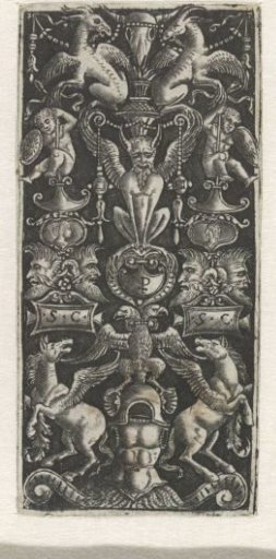 Ornament with winged goats as finial and two horses on either side of a double-headed eagle on armor