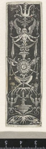Ornament with candelabrum featuring a winged woman holding drapery above a coat of arms with a shield in the center