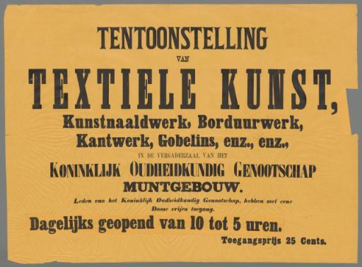 Exhibition of textile art, needlework, embroidery, lace, tapestries, etc., in the meeting hall of the Royal Society of Antiquities. Members of the Royal Society of Antiquities have free access with a lady. April 27 and following days.