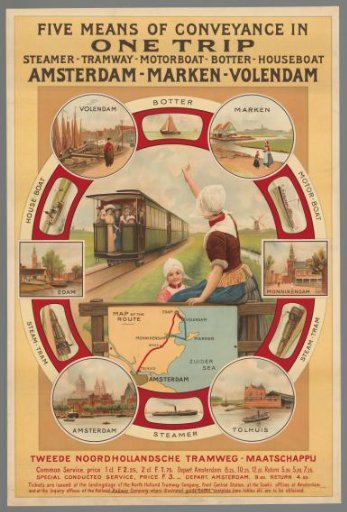 Five means of conveyance in one trip: Steamer, Tramway, Motorboat, Botter, Houseboat. Amsterdam-Marken-Volendam. Second North Holland Tramway Company