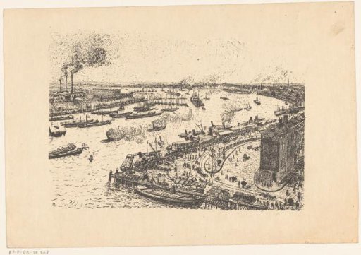 Ships on a River in a City, Possibly Rotterdam