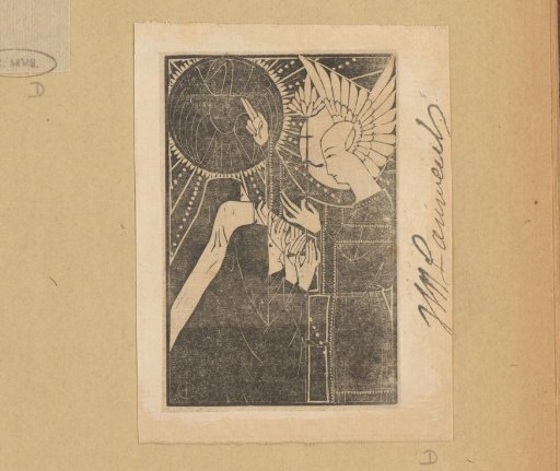 Three kneeling figures before a winged man