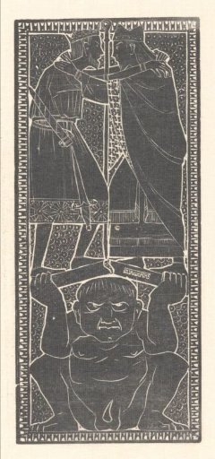 Crouching figure and two crowned men