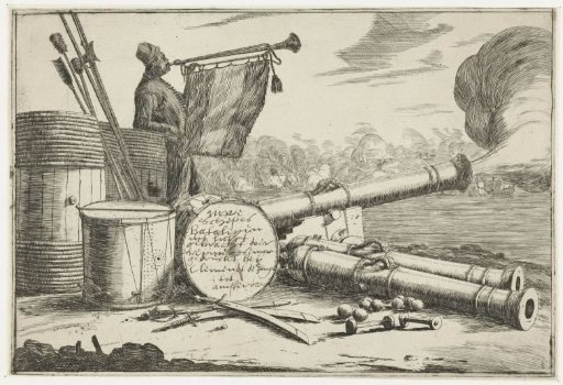 Title page with the equipment of a warship and a trumpeter