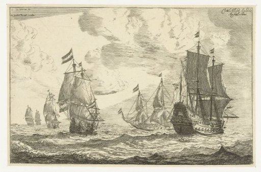 Six sailing ships on the open sea