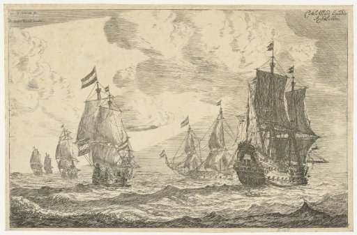 Six sailing ships on the open sea