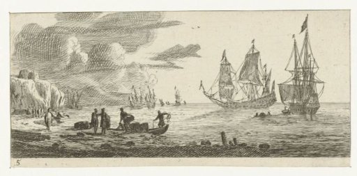 Seaport with two large sailing ships