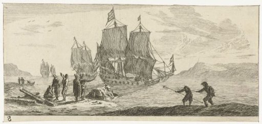 Four large sailing ships in a bay