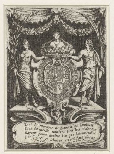 Frontispiece for 'Combat à la barrière', with Coat of Arms and the Graces