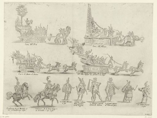 Carnival in Florence: pageant wagons and participants in the procession