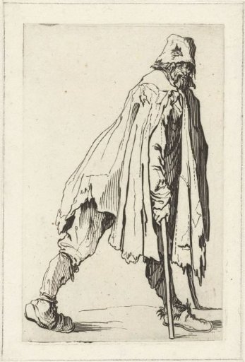 Beggar with crutches, seen from the right